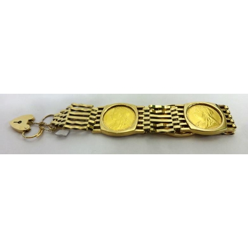 209 - 9ct Gold 6 Bar Gate Bracelet with heart shaped padlock, set 3 Victorian old head sovereigns, 1897, 1... 