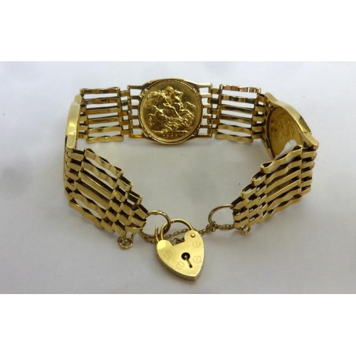 209 - 9ct Gold 6 Bar Gate Bracelet with heart shaped padlock, set 3 Victorian old head sovereigns, 1897, 1... 