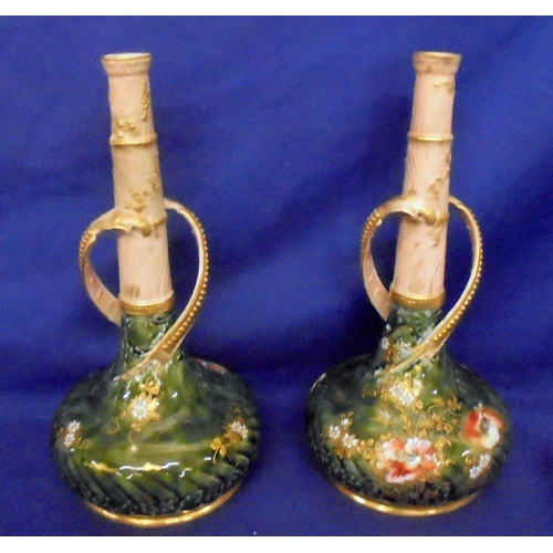 228 - Pair Large Late C19th/Early C20th Austrian Turn Wein Bottle Vases, green mottled bases decorated wit... 