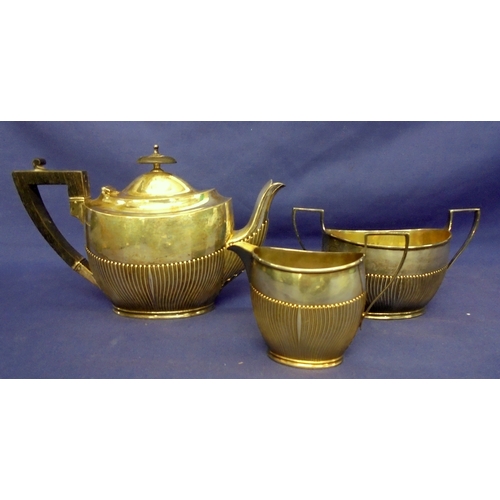 229 - Silver Batchelor Tea Set with half fine fluted teapot, sugar & milk, gilded interiors, ebony handles... 