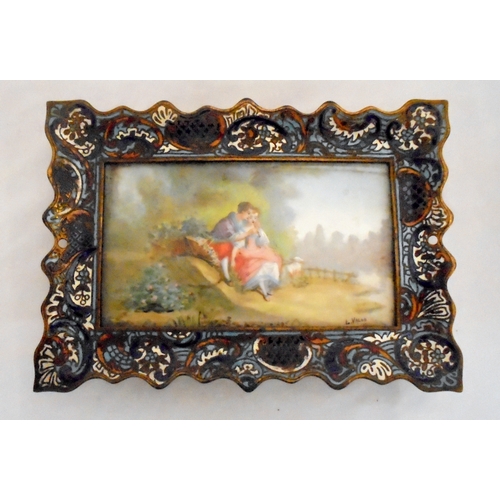 227 - Champlevé Enamel Desk Tray, set hand painted porcelain plaque with shepherdess & companion in garden... 