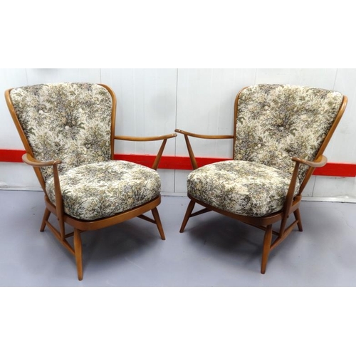 16 - Pair Ercol Open Armchairs with tall stick backs, floral upholstery (2)