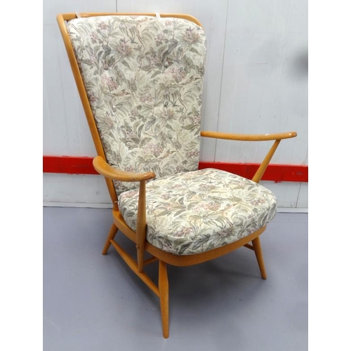 17 - High Backed Ercol Open Armchair with high stick back & beige cushions