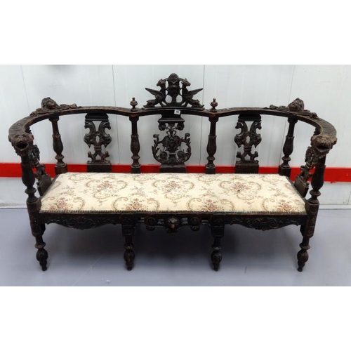 18 - Edwards & Roberts C19th Carved Oak Continental Style Hall Seat on 8 turned & carved supports, deeply... 