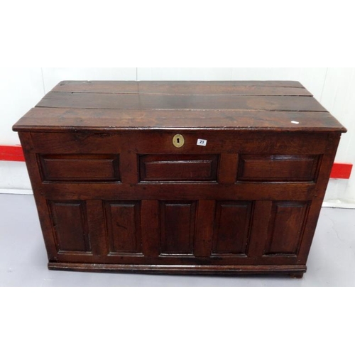 23 - Period Oak Coffer with shaped panelled front, hinged 3 panelled lid with later hinges