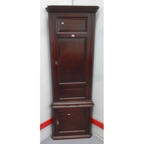 29 - Georgian Period Standing Oak Corner Cabinet, base with panelled door, on small plinth, top section w... 