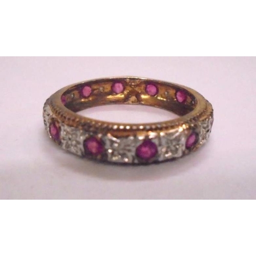 404 - Yellow Metal Ruby & White Stone Eternity Ring, size T