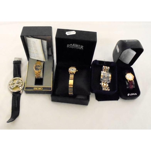 419 - Ladies Wristwatches; Seiko with black dial in box, Rumaton in box, Guy Devintel square with purple d... 