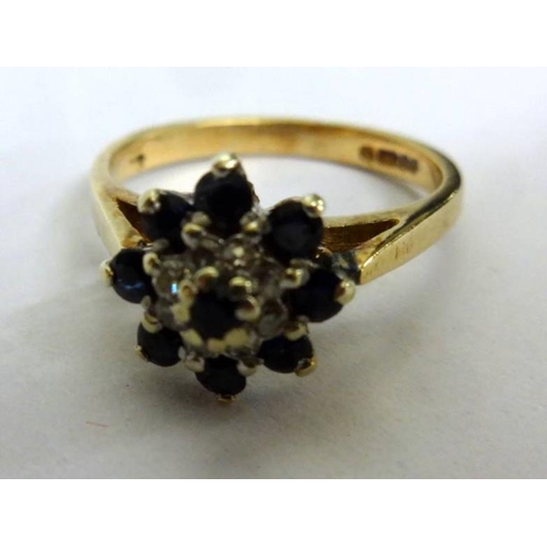 455 - Ladies 9ct Yellow Gold Sapphire & Diamond Cluster Ring, size N