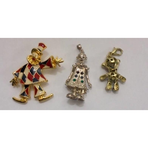 459 - White Metal Articulated Clown Pendant set red, blue & green paste, Articulated Monkey Charm & Gold P... 