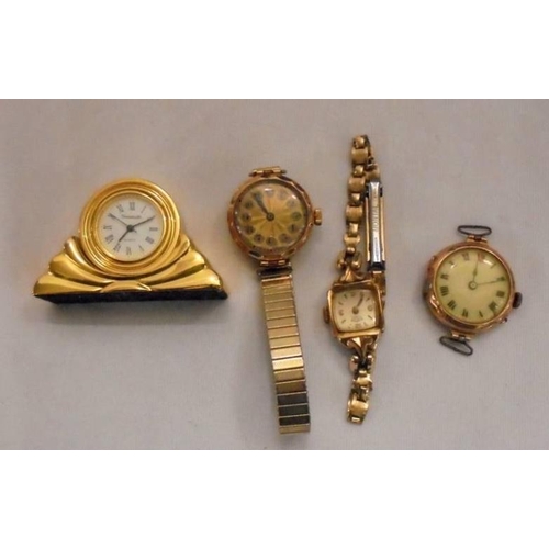 423 - Ladies 9ct Gold Cased Wristwatch, 9ct gold cased watch (no strap), gold plated wristwatch & small qu... 