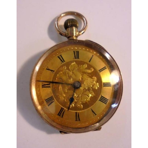 425 - Small 12ct Rose Gold Pocket Watch with engraved case, 2 colour gilt dial (not ticking)