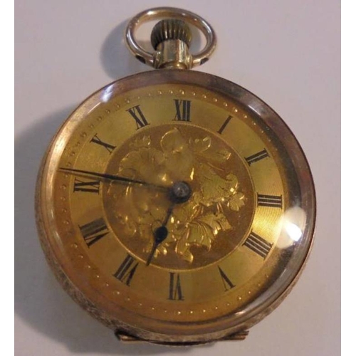 425 - Small 12ct Rose Gold Pocket Watch with engraved case, 2 colour gilt dial (not ticking)