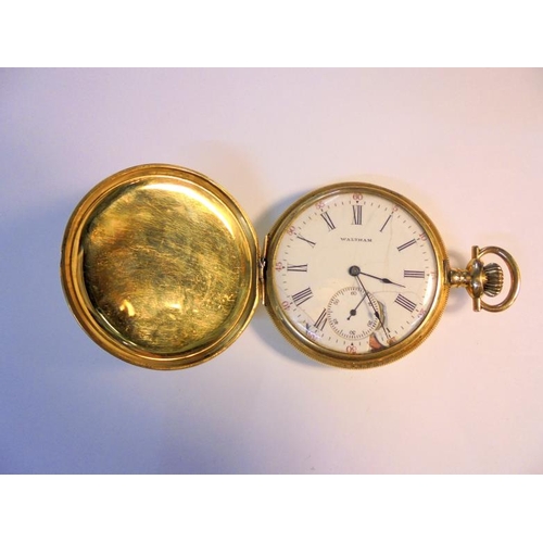 218 - 18ct Gold Waltham Hunter in engine turned case, dial a/f, inner & outer cases 18ct