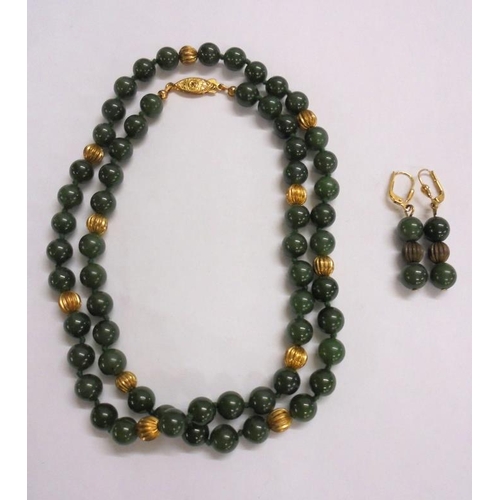 246 - C19th Chinese? Spinach Jade Bead Necklace with yellow metal clasp, double knotted, interspaced with ... 