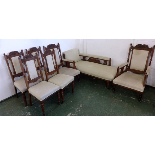 34 - Late Victorian 7-Piece Oak Salon Suite incl. chaise longue with left hand scroll, galleried arm rest... 