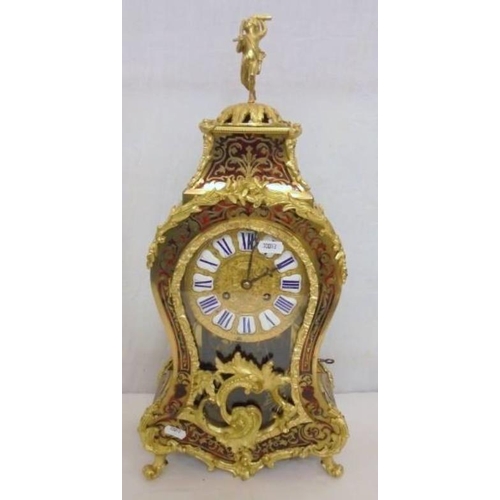 153 - C19th Scarlet Boulle Premiere Partie Mantel Clock with sunburst pendulum, front panel with inlaid re... 