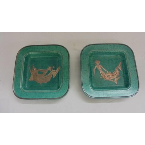 284 - Pair Turquoise Glazed 1930s/50s Gustavsberg Argenta Square Dishes with rounded corners, decorated wi... 