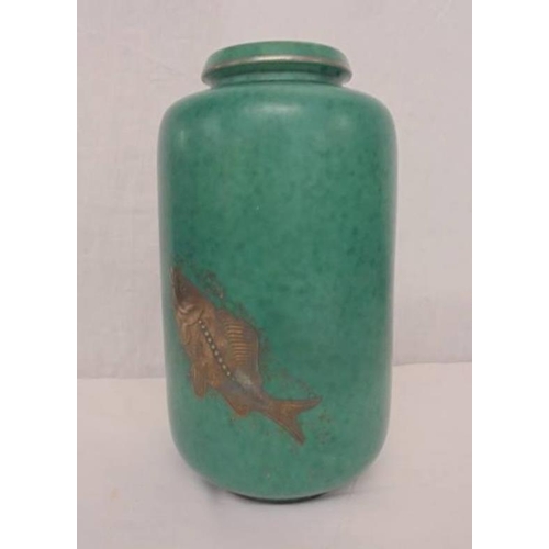 285 - Swedish Gustavsberg Argenta Cylinder Vase decorated with silver fish swimming on turquoise ground, a... 