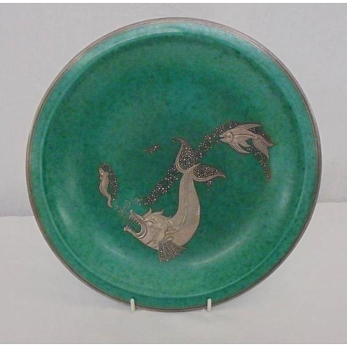 286 - Circa 1950 Gustavsberg Argenta No. 29 Large Bowl, turquoise ground decorated with fish in pursuit of... 