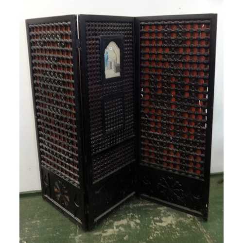 37 - 3-Fold Ebonised Oriental Screen, 3 lower panels with blind fret carved decoration (some missing) tur... 