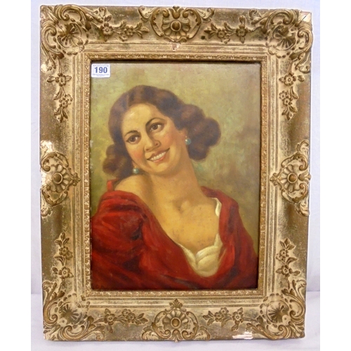 190 - Oil on Board Portrait Young Woman wearing low cut red dress by G Muller in gesso gilt frame, approx.... 