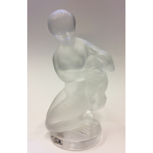 263 - Lalique Glass Statuette 'Diane' naked female holding fawn, on circular base with stickers & signed i... 