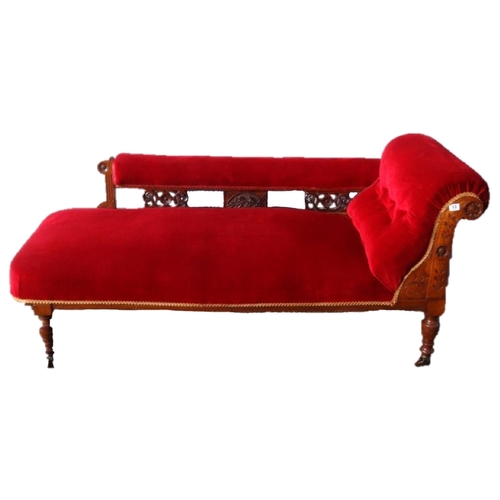 13 - Victorian Chaise Longue with right hand scroll, upholstered in red Draylon, back rail supported with... 