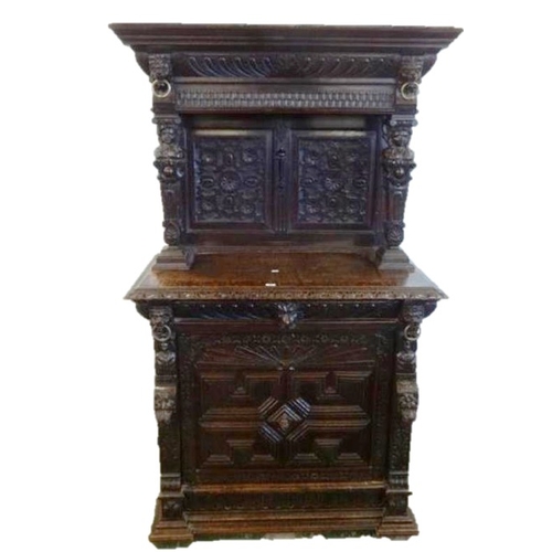 40 - Victorian Gothic Style Oak Side Cabinet, central door with geometric carved details, central lions h... 