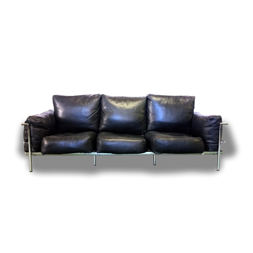 1 - Le Corbusier Style Chrome & Black Leather Large 4 seater settee/sofa with spun base