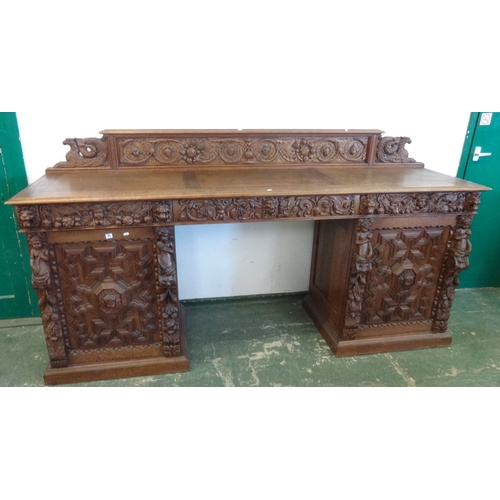 43 - Large Mid Victorian Golden Oak Twin Pillar Sideboard, each pillar on plinth base, door with heavy re... 