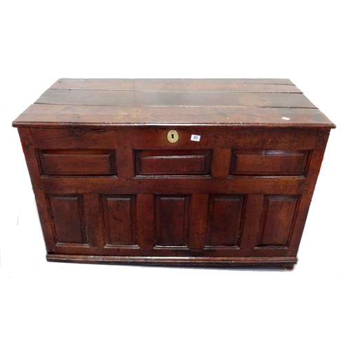 23 - Period Oak Coffer with shaped panelled front, hinged 3 panelled lid with later hinges