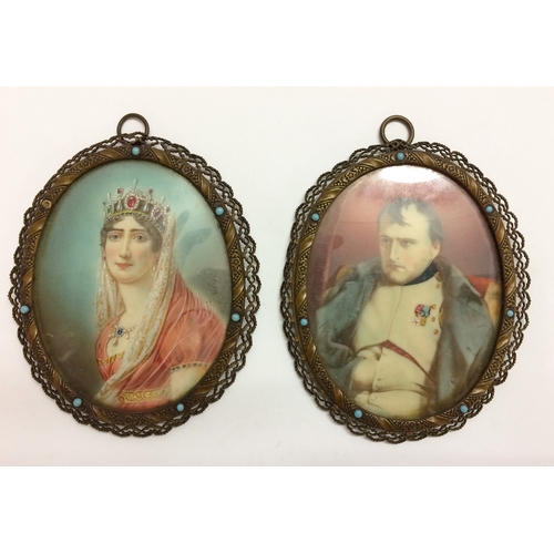 297 - 2 Oval C19th Miniatures on ivory, 3/4 portrait Napoleon wearing military waistcoat with medals & Jos... 