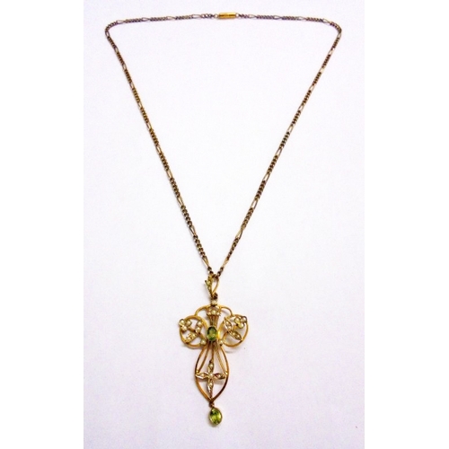 247 - 9ct Gold Edwardian Art Nouveau Seed Pearl & Peridot Pendant on light chain