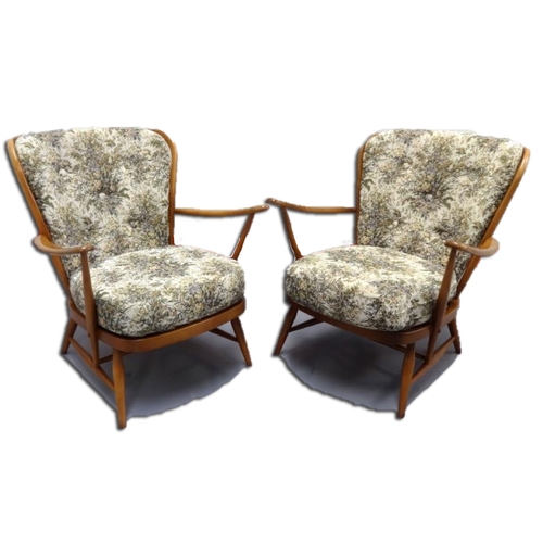 16 - Pair Ercol Open Armchairs with tall stick backs, floral upholstery (2)