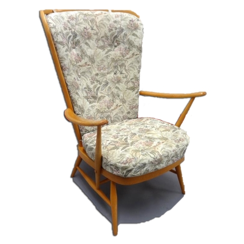 17 - High Backed Ercol Open Armchair with high stick back & beige cushions