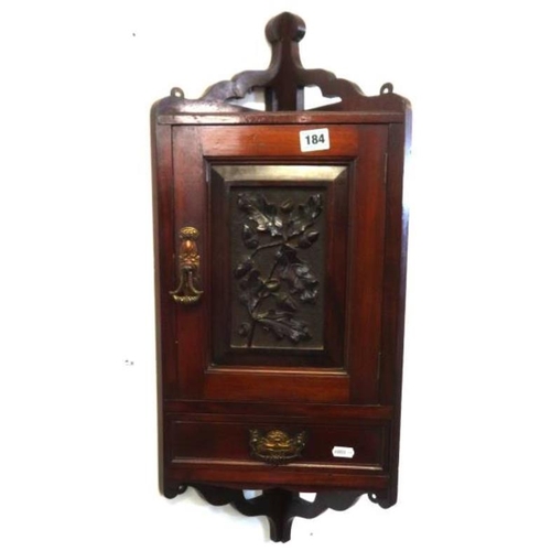 184 - Late Victorian Hanging Mahogany Corner Cabinet, door carved with acorns & oak leaves, lower drawer, ... 