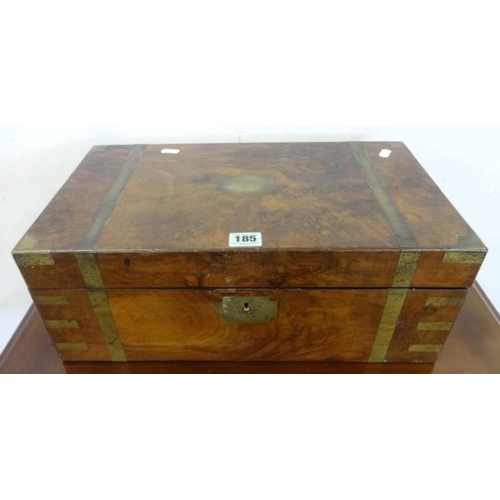 185 - Large Victorian C19th Figured & Burr Walnut Writing Box with brass strapping & corners, interior wit... 