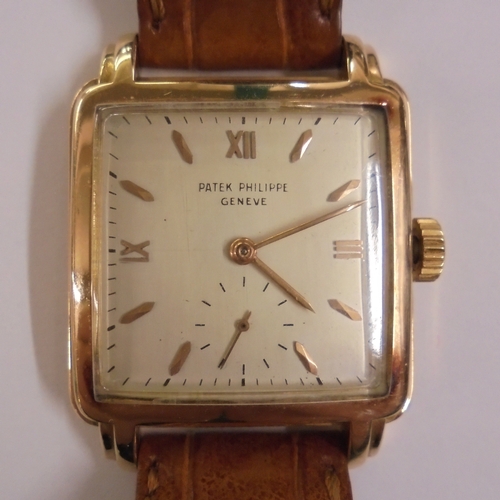 261 - 18ct Gold Patek Philipe Gents Wristwatch, square dial with baton markers, secondary seconds hand, go... 