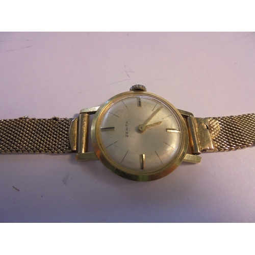 308 - Ladies 18ct Gold Zenith Wristwatch with 18ct gold, silvered dial with baton markers