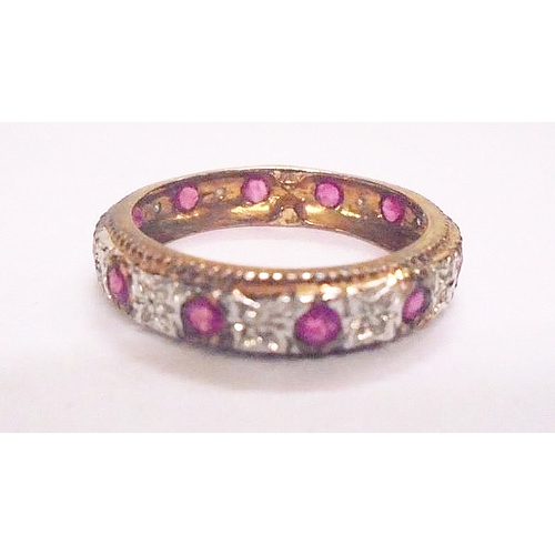 404 - Yellow Metal Ruby & White Stone Eternity Ring, size T