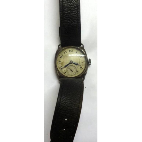 428 - 1930s Silver Wristwatch, secondary seconds dial, inscription to reverse, leather strap