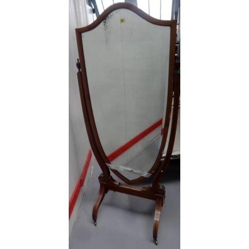 58 - Late Victorian C20th Mahogany Inlaid Shield Shaped Cheval Mirror with bevelled glass, boxwood string... 