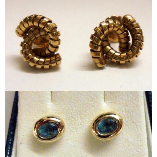 526 - Pair 9ct Gold Ladies Blue Topaz Set Earrings & Pair Yellow Metal Coiled Style Earrings with screw ba... 