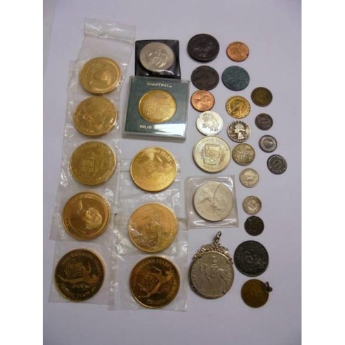 408 - Gilt Medallions celebrating 1000 years of royal history, Bronze Medallion Chartwell, crowns, foreign... 