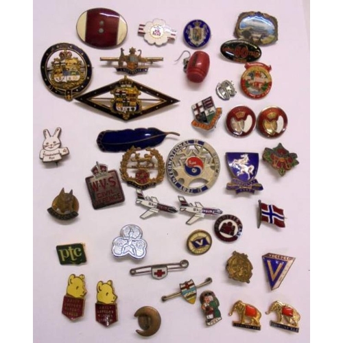 409 - Enamelled Badges incl. aeroplanes, hearts, crowns, various organisations etc.