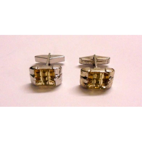 446 - Pair Silver/925 marked Cufflinks set yellow stones, snap backs