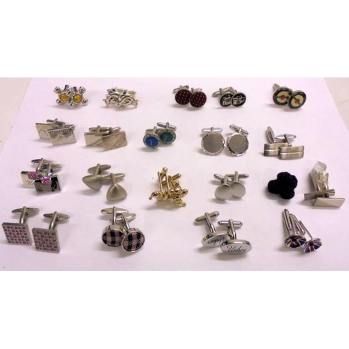 449 - 20 Pairs Cufflinks, mainly silver tone snap backs incl. Union Jack Poppies, clocks, The Don, Usher e... 