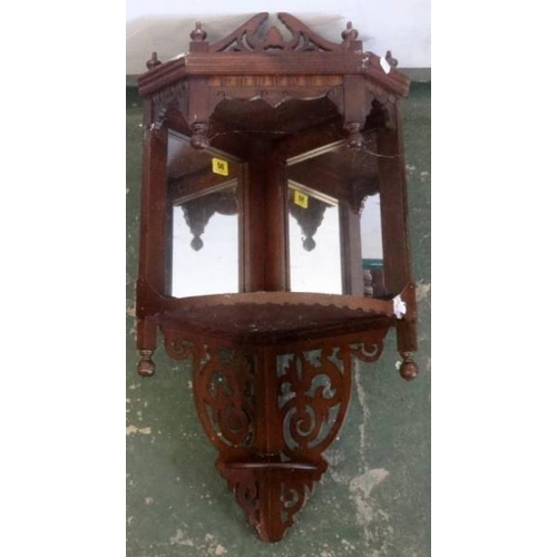 50 - Victorian Hanging Corner Unit with mirrored back, pierced & fretted upstand, cornice, turned finials