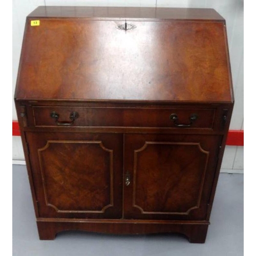 13 - Reproduction Mahogany Bureau Cabinet with fall enclosing fitted nest over long cock beaded drawer wi... 